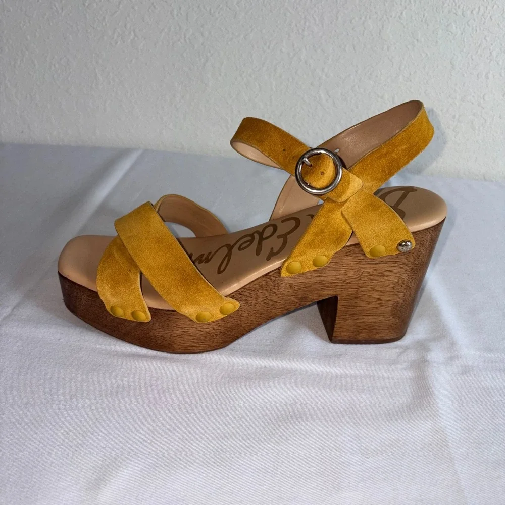 Sam Edelman Josephine platform Sandals 8.5 Mustard Yellow Suede Wood Block Heel